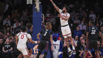 Mar 9, 2022; New York, NY, USA; St. John's Red Storm guard Julian Champagnie (2) drives to the basket in the first half against the DePaul Blue Demons at the Big East Conference Tournament at Madison Square Garden. Mandatory Credit: Wendell Cruz-USA TODAY Sports