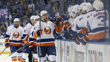 Apr 30, 2016; Tampa, FL, USA; New York Islanders left wing Nikolay Kulemin (86) is congratulated after he scored a goal against the Tampa Bay Lightning during the first period of game two of the second round of the 2016 Stanley Cup Playoffs at Amalie Arena. Mandatory Credit: Kim Klement-USA TODAY Sports