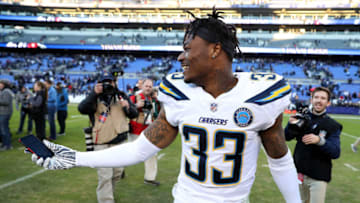 BALTIMORE, MARYLAND - JANUARY 06: Derwin James #33 of the Los Angeles Chargers celebrates after defeating the Baltimore Ravens after the AFC Wild Card Playoff game at M&T Bank Stadium on January 06, 2019 in Baltimore, Maryland. The Chargers defeated the Ravens with a score of 23 to 17. (Photo by Patrick Smith/Getty Images)