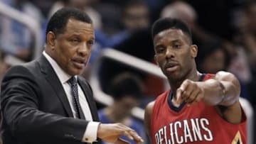 Dec 28, 2015; Orlando, FL, USA; New Orleans Pelicans head coach Alvin Gentry talks with guard Norris Cole (30) during the second quarter of a basketball game at Amway Center. Mandatory Credit: Reinhold Matay-USA TODAY Sports