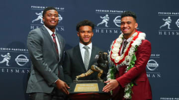 NEW YORK, NY - DECEMBER 08: Ohio State QB Dwayne Haskins, Alabama QB Tua Tagovailoa and Oklahoma QB Kyler Murray (Photo by Rich Graessle/Icon Sportswire via Getty Images)