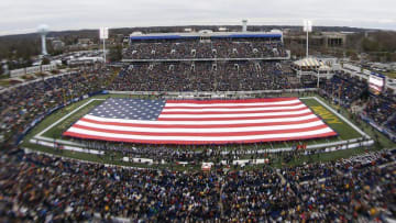 Dec 28, 2015; Annapolis, MD, USA; An American flag is unfurled prior to the game between the Pittsburgh Panthers and the Navy Midshipmen at Navy-Marine Corps. Stadium. Mandatory Credit: Geoff Burke-USA TODAY Sports
