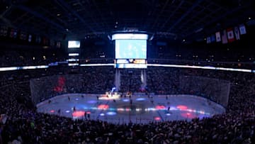 COLUMBUS, OH - APRIL 18: The Columbus Blue Jackets take the ice before the first period of game 4 of the 1 round of playoffs between the Columbus Blue Jackets and the Pittsburgh Penguins held at the Nationwide Arena in Columbus, Ohio on April 18th, 2017. (Photo by Jason Mowry/Icon Sportswire via Getty Images)