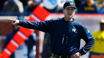 Apr 4, 2015; Ann Arbor, MI, USA; Michigan Wolverines head coach Jim Harbaugh is seen during the Spring football game at Michigan Stadium. Mandatory Credit: Rick Osentoski-USA TODAY Sports