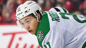 CALGARY, AB - MAY 11: Jason Robertson #21 of the Dallas Stars in action against the Calgary Flames during Game Five of the First Round of the 2022 Stanley Cup Playoffs at Scotiabank Saddledome on May 11, 2022 in Calgary, Alberta, Canada. The Flames defeated the Stars 3-1. (Photo by Derek Leung/Getty Images)