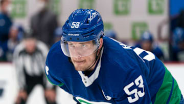 VANCOUVER, BC - APRIL 22: Bo Horvat #53 of the Vancouver Canucks during NHL action against the Ottawa Senators at Rogers Arena on April 22, 2021 in Vancouver, Canada. (Photo by Rich Lam/Getty Images)