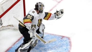 Robin Lehner #90 of the Vegas Golden Knights stops a shot against the Vancouver Canucks during the third period in Game Three of the Western Conference Second Round. (Photo by Bruce Bennett/Getty Images)