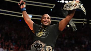 LAS VEGAS, NV - JULY 07: Daniel Cormier celebrates his victory over Stipe Miocic in their UFC heavyweight championship fight during the UFC 226 event inside T-Mobile Arena on July 7, 2018 in Las Vegas, Nevada. (Photo by Josh Hedges/Zuffa LLC/Zuffa LLC via Getty Images)