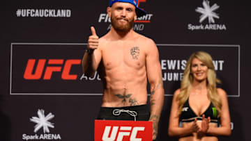 AUCKLAND, NEW ZEALAND - JUNE 10: Tim Elliott of the United States poses on the scale during the UFC Fight Night weigh-in at Spark Arena on June 10, 2017 in Auckland, New Zealand. (Photo by Josh Hedges/Zuffa LLC/Zuffa LLC via Getty Images)