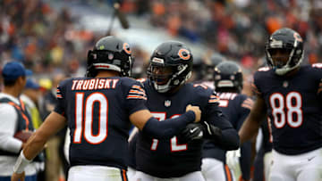 CHICAGO, IL - SEPTEMBER 30: Quarterback Mitchell Trubisky #10 of the Chicago Bears and Charles Leno #72 celebrate after the Bears scored against the Tampa Bay Buccaneers in the third quarter at Soldier Field on September 30, 2018 in Chicago, Illinois. (Photo by Jonathan Daniel/Getty Images)
