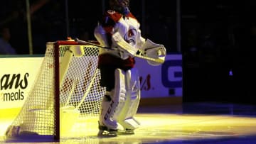 BUFFALO, NY - OCTOBER 11: Semyon Varlamov #1 of the Colorado Avalanche prepares to tend goal against the Buffalo Sabres during an NHL game on October 11, 2018 at KeyBank Center in Buffalo, New York. (Photo by Rob Marczynski/NHLI via Getty Images)