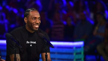 SANTA MONICA, CALIFORNIA - JULY 11: Kawhi Leonar speaks onstage during Nickelodeon Kids' Choice Sports 2019 at Barker Hangar on July 11, 2019 in Santa Monica, California. (Photo by Matt Winkelmeyer/KCASports2019/Getty Images for Nickelodeon)