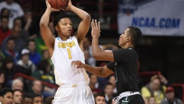 March 18, 2016; Spokane , WA, USA; California Golden Bears forward Ivan Rabb (1) controls the ball against Hawaii Rainbow Warriors guard Sai Tummala (12) during the first half of the first round of the 2016 NCAA Tournament at Spokane Veterans Memorial Arena. Mandatory Credit: Kyle Terada-USA TODAY Sports