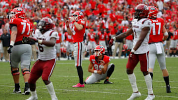 ATHENS, GEORGIA - OCTOBER 12: Rodrigo Blankenship #98 of the Georgia Bulldogs looks on as he misses a game-tying field goal attempt in second overtime to give a 20-17 victory to the South Carolina Gamecocks at Sanford Stadium on October 12, 2019 in Athens, Georgia. (Photo by Kevin C. Cox/Getty Images)