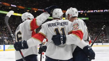 LAS VEGAS, NEVADA - FEBRUARY 28: The Florida Panthers celebrate after Jonathan Huberdeau #11 scored a third-period goal against the Vegas Golden Knights at T-Mobile Arena on February 28, 2019 in Las Vegas, Nevada. The Golden Knights defeated the Panthers 6-5 in a shootout. The Golden Knights defeated the Panthers 6-5 in a shootout. (Photo by Ethan Miller/Getty Images)