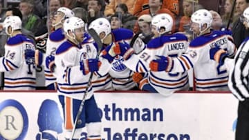 Mar 3, 2016; Philadelphia, PA, USA; Edmonton Oilers left wing Taylor Hall (4) celebrates his goal against the Philadelphia Flyers during the second period at Wells Fargo Center. Mandatory Credit: Eric Hartline-USA TODAY Sports