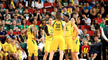SEATTLE, WA - AUGUST 17: The Seattle Storm huddle up during the game against the New York Liberty on August 17, 2018 at Key Arena in Seattle, Washington. NOTE TO USER: User expressly acknowledges and agrees that, by downloading and/or using this Photograph, user is consenting to the terms and conditions of Getty Images License Agreement. Mandatory Copyright Notice: Copyright 2018 NBAE (Photo by Joshua Huston/NBAE via Getty Images)