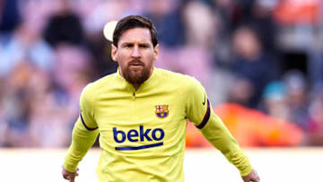 BARCELONA, SPAIN - MARCH 07: Lionel Messi of FC Barcelona warms up prior to the Liga match between FC Barcelona and Real Sociedad at Camp Nou on March 07, 2020 in Barcelona, Spain. (Photo by Alex Caparros/Getty Images)