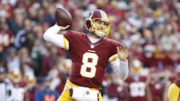 Jan 10, 2016; Landover, MD, USA; Washington Redskins quarterback Kirk Cousins (8) throws the ball against the Green Bay Packers during the first half in a NFC Wild Card playoff football game at FedEx Field. Mandatory Credit: Geoff Burke-USA TODAY Sports