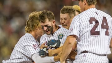 OMAHA, NE - JUNE 16: Mississippi State's Luke Alexander (7) (wearing gloves) hit a walk-off single against Washington during game 2 of the College World Series at TD Ameritrade Park in Omaha, Nebraska. (Photo by John Peterson/Icon Sportswire via Getty Images)