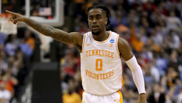 COLUMBUS, OHIO - MARCH 24: Jordan Bone #0 of the Tennessee Volunteers reacts after a three point basket against the Iowa Hawkeyes during their game in the Second Round of the NCAA Basketball Tournament at Nationwide Arena on March 24, 2019 in Columbus, Ohio. (Photo by Elsa/Getty Images)