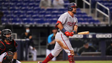 MIAMI, FLORIDA - JUNE 25: Kyle Schwarber #12 of the Washington Nationals bats against the Miami Marlins at loanDepot park on June 25, 2021 in Miami, Florida. (Photo by Mark Brown/Getty Images)