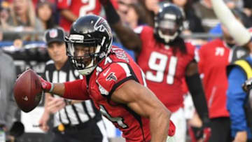 Dec 11, 2016; Los Angeles, CA, USA; Atlanta Falcons outside linebacker Vic Beasley (44) scores on a 21-yard fumble recovery in the third quarter of the game against the Los Angeles Rams at Los Angeles Memorial Coliseum. Mandatory Credit: Jayne Kamin-Oncea-USA TODAY Sports