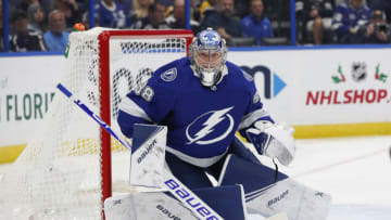 TAMPA, FL - DECEMBER 12: Tampa Bay Lightning goaltender Andrei Vasilevskiy (88) during the NHL game between the Boston Bruins and Tampa Bay Lightning on December 12, 2019 at Amalie Arena in Tampa, FL. (Photo by Mark LoMoglio/Icon Sportswire via Getty Images)