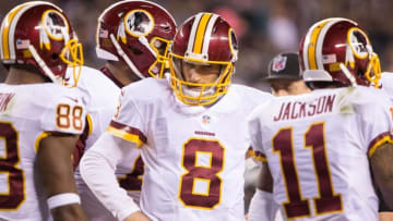 Dec 26, 2015; Philadelphia, PA, USA; Washington Redskins quarterback Kirk Cousins (8) in the huddle during the second quarter against the Philadelphia Eagles at Lincoln Financial Field. Mandatory Credit: Bill Streicher-USA TODAY Sports