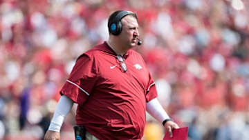FAYETTEVILLE, AR - SEPTEMBER 9: Head Coach Bret Bielema of the Arkansas Razorbacks walks off the field during a game against the TCU Horned Frogs at Donald W. Reynolds Razorback Stadium on September 9, 2017 in Fayetteville, Arkansas. The Horn Frogs defeated the Razorbacks 28-7. (Photo by Wesley Hitt/Getty Images)