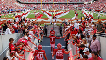 FAYETTEVILLE, ARKANSAS - SEPTEMBER 16: K.J. Jefferson #1 of the Arkansas Razorbacks leads the team onto the field before a game against the BYU Cougars at Donald W. Reynolds Razorback Stadium on September 16, 2023 in Fayetteville, Arkansas. The Cougars defeated the Razorbacks 38-31. (Photo by Wesley Hitt/Getty Images)