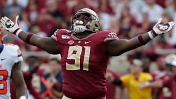 Florida State Seminoles defensive tackle Robert Cooper (91) celebrates a tackle. The Florida State Seminoles host the Syracuse Orange for the 2019 homecoming game Saturday, Oct. 26, 2019.Fsu V Syracuse849