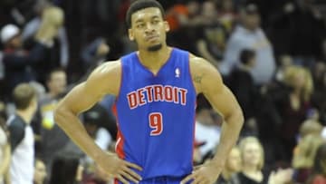 Apr 9, 2014; Cleveland, OH, USA; Detroit Pistons forward Tony Mitchell (9) reacts after the game against the Cleveland Cavaliers at Quicken Loans Arena. The Cavaliers won 122-100. Mandatory Credit: David Richard-USA TODAY Sports