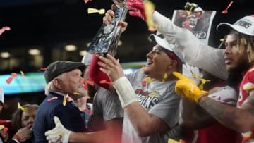 Quarterback for the Kansas City Chiefs Patrick Mahomes holds the trophy after winning Super Bowl LIV between the Kansas City Chiefs and the San Francisco 49ers at Hard Rock Stadium in Miami Gardens, Florida, on February 2, 2020. (Photo by TIMOTHY A. CLARY / AFP) (Photo by TIMOTHY A. CLARY/AFP via Getty Images)