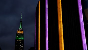 NEW YORK, NEW YORK - JANUARY 26: Madison Square Garden is lit up in Los Angeles Lakers colors in honor of former Laker great Kobe Bryant prior to the game between the New York Knicks and the Brooklyn Nets tonight at Madison Square Garden on January 26, 2020 in New York City. Five people, including Bryant and his 13-year-old daughter Gianna, were killed in a helicopter crash this morning in Calabasas, California. NOTE TO USER: User expressly acknowledges and agrees that, by downloading and or using this photograph, User is consenting to the terms and conditions of the Getty Images License Agreement. (Photo by Elsa/Getty Images)