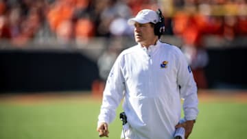 Nov 16, 2019; Stillwater, OK, USA; Kansas Jayhawks head coach Les Miles looks on during the game against the Oklahoma State Cowboys at Boone Pickens Stadium. Mandatory Credit: Rob Ferguson-USA TODAY Sports