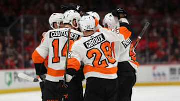 Ivan Provorov, Claude Giroux and Sean Couturier, Philadelphia Flyers (Photo by Patrick Smith/Getty Images)