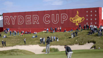 September 23, 2021; Haven, Wisconsin, USA; Team Europe player Paul Casey putts on the first green during a practice round for the 43rd Ryder Cup golf competition at Whistling Straits. Mandatory Credit: Orlando Ramirez-USA TODAY Sports