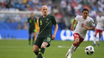 SAMARA, RUSSIA - JUNE 21: Aaron Mooy of Australia in action during the 2018 FIFA World Cup Russia group C match between Denmark and Australia at Samara Arena on June 21, 2018 in Samara, Russia. (Photo by Stu Forster/Getty Images)
