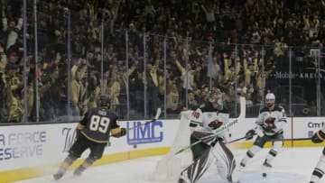 LAS VEGAS, NV - JANUARY 21: Minnesota Wild goaltender Devan Dubnyk (40) reacts to a goal scored by Vegas Golden Knights right wing Alex Tuch (89) during a regular season game Monday, Jan. 21, 2019, at T-Mobile Arena in Las Vegas, NV. (Photo by Marc Sanchez/Icon Sportswire via Getty Images)