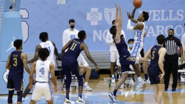 CHAPEL HILL, NORTH CAROLINA - JANUARY 02: Leaky Black #1 of the North Carolina Tar Heels attempts the go-ahead two point basket against the Notre Dame Fighting Irish during the second half of their game at Dean Smith Center on January 02, 2021 in Chapel Hill, North Carolina. (Photo by Jared C. Tilton/Getty Images)