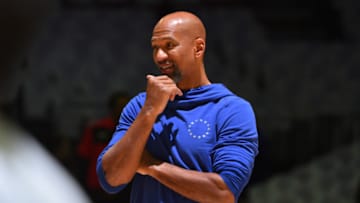 PHILADELPHIA, PA - OCTOBER 18: Monty Williams of the Philadelphia 76ers looks on before the game against the Chicago Bulls on October 18, 2018 at the Wells Fargo Center in Philadelphia, Pennsylvania NOTE TO USER: User expressly acknowledges and agrees that, by downloading and/or using this Photograph, user is consenting to the terms and conditions of the Getty Images License Agreement. Mandatory Copyright Notice: Copyright 2018 NBAE (Photo by Jesse D. Garrabrant/NBAE via Getty Images)