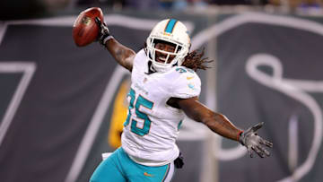 Dec 17, 2016; East Rutherford, NJ, USA; Miami Dolphins safety Walt Aikens (35) celebrates after scoring a touchdown against the New York Jets on a blocked punt during the third quarter at MetLife Stadium. Mandatory Credit: Brad Penner-USA TODAY Sports