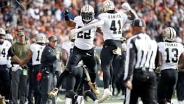 CINCINNATI, OH - NOVEMBER 11: Alvin Kamara #41 of the New Orleans Saints is congratulated by Mark Ingram II #22 after scoring a touchdown during the second quarter of the game against the Cincinnati Bengals at Paul Brown Stadium on November 11, 2018 in Cincinnati, Ohio. (Photo by Joe Robbins/Getty Images)
