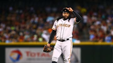 Jul 1, 2016; Phoenix, AZ, USA; San Francisco Giants pitcher Johnny Cueto reacts after giving up a run in the first inning against the Arizona Diamondbacks at Chase Field. Mandatory Credit: Mark J. Rebilas-USA TODAY Sports