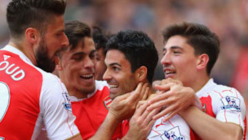 LONDON, ENGLAND - MAY 15: Mikel Arteta of Arsenal is congratulated by team mates after scoring to make it 4-0 during the Barclays Premier League match between Arsenal and Aston Villa at the Emirates Stadium on May 15, 2016 in London, England. (Photo by Julian Finney/Getty Images)