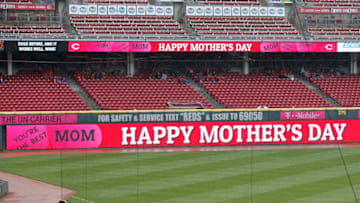 CINCINNATI, OH - MAY 08: General view as a Mother's Day message is shown on an outfield scoreboard during a rain delay prior to a game between the Milwaukee Brewers and Cincinnati Reds at Great American Ball Park on May 8, 2016 in Cincinnati, Ohio. (Photo by Joe Robbins/Getty Images)
