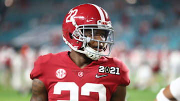 Jan 11, 2021; Miami Gardens, Florida, USA; Alabama Crimson Tide defensive back Ronald Williams Jr. (22) against the Ohio State Buckeyes in the 2021 College Football Playoff National Championship Game. Mandatory Credit: Mark J. Rebilas-USA TODAY Sports