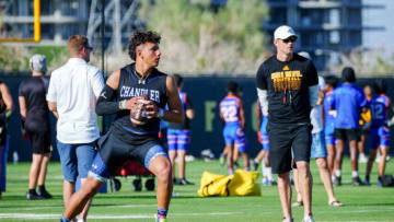 Nebraska football target Dylan Raiola, prepares to pass during