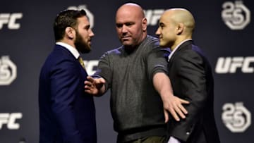 BROOKLYN, NEW YORK - APRIL 06: (L-R) Opponents Jimmie Rivera and Marlon Moraes face off during the UFC press conference inside Barclays Center on April 6, 2018 in Brooklyn, New York. (Photo by Jeff Bottari/Zuffa LLC/Zuffa LLC via Getty Images)